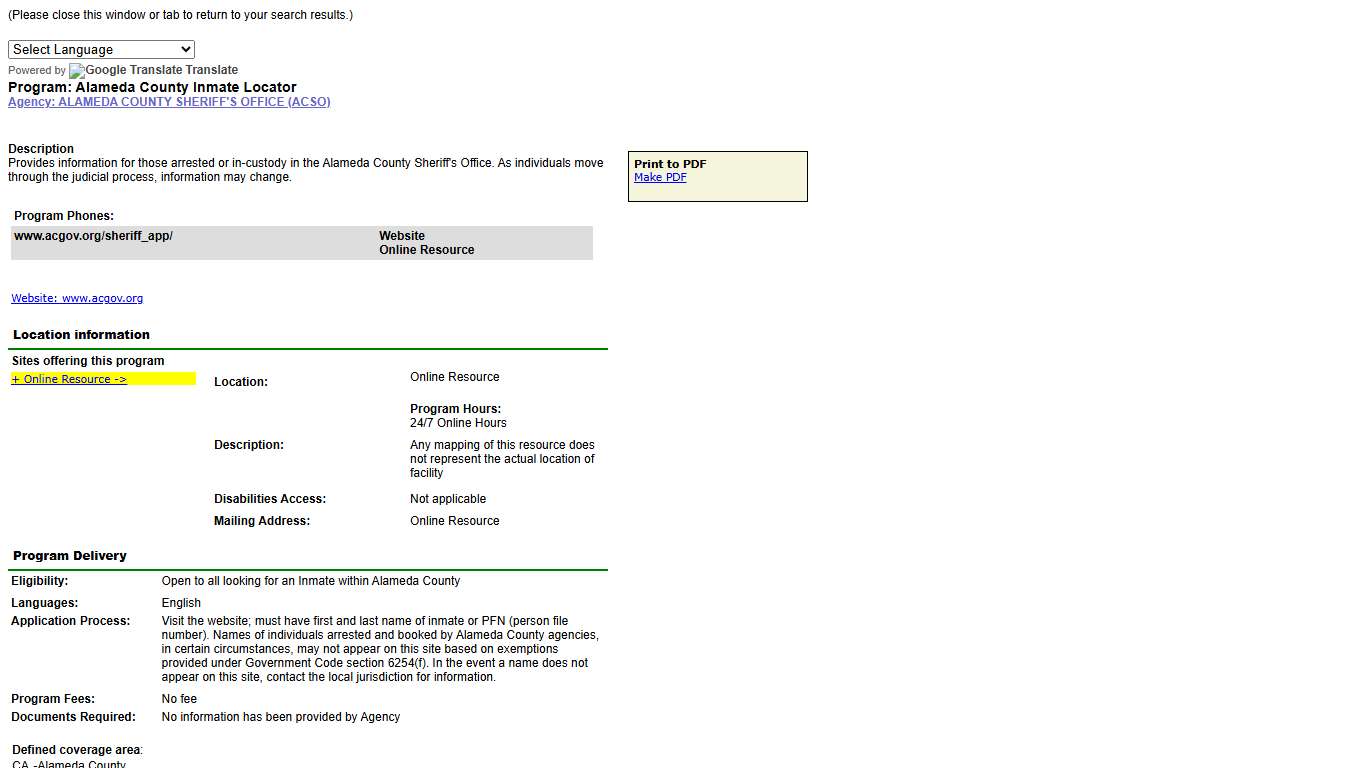 Program: Alameda County Inmate Locator