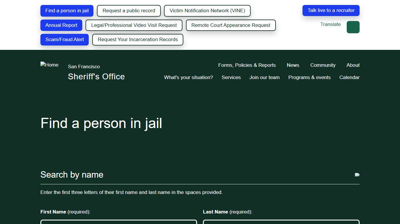 Find a person in jail | San Francisco Sheriff's Department